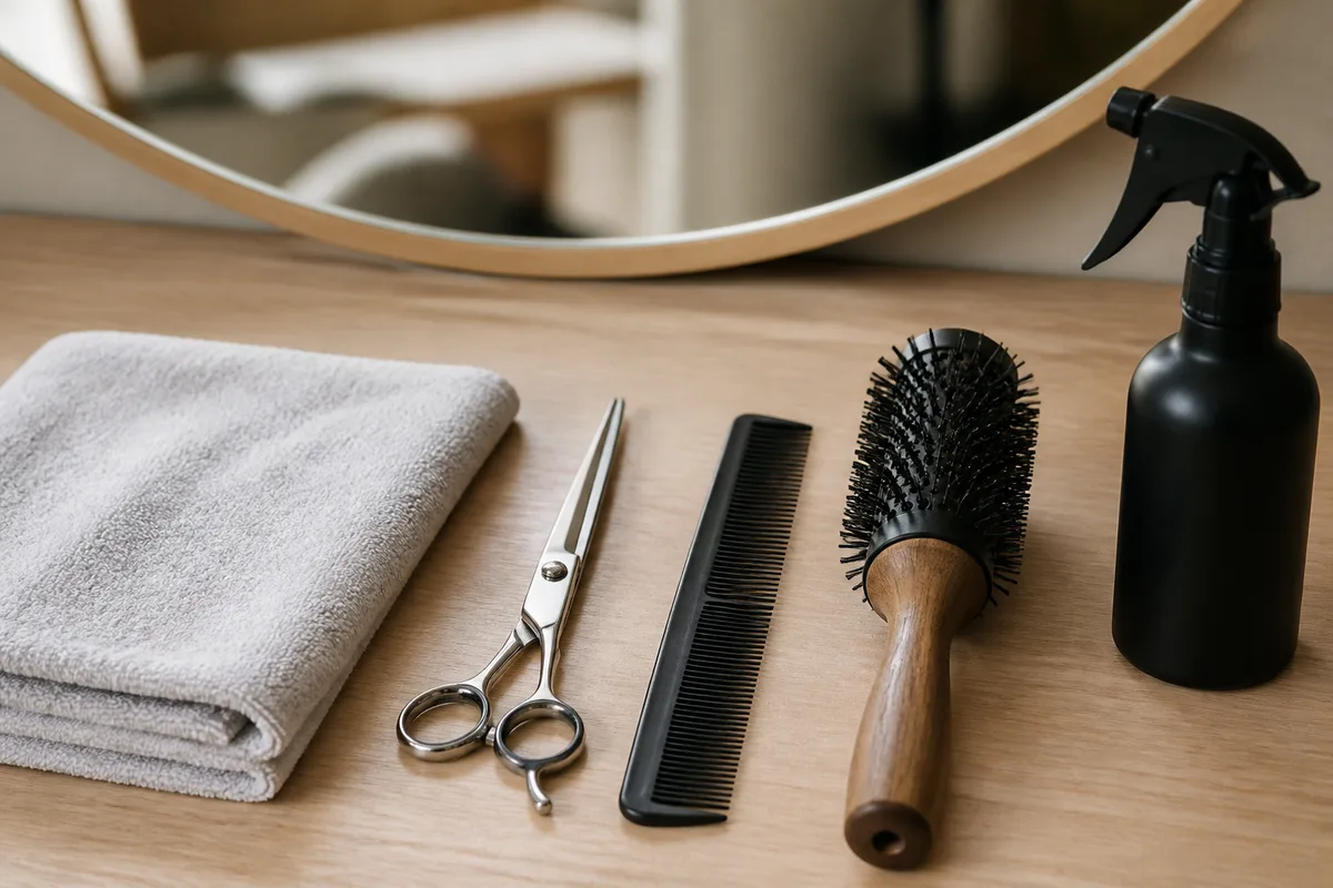 Ciseaux de coiffure et peigne de carbone posés sur une tablette de salon