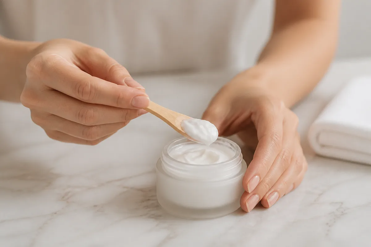 Mains prélevant une noisette de crème hydratante bio avec une spatule de bois au-dessus d’un pot de verre dépoli