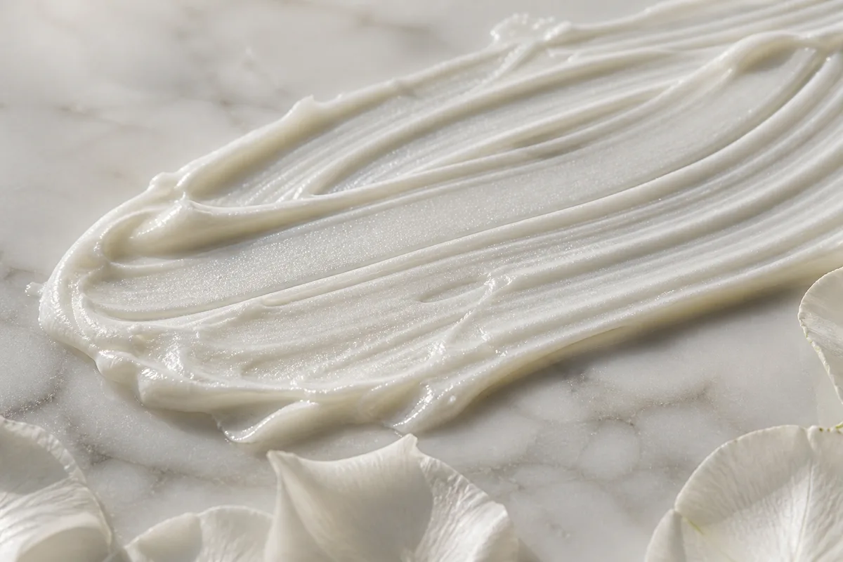 Texture de crème visage bio étalée en volutes sur une plaque de marbre clair