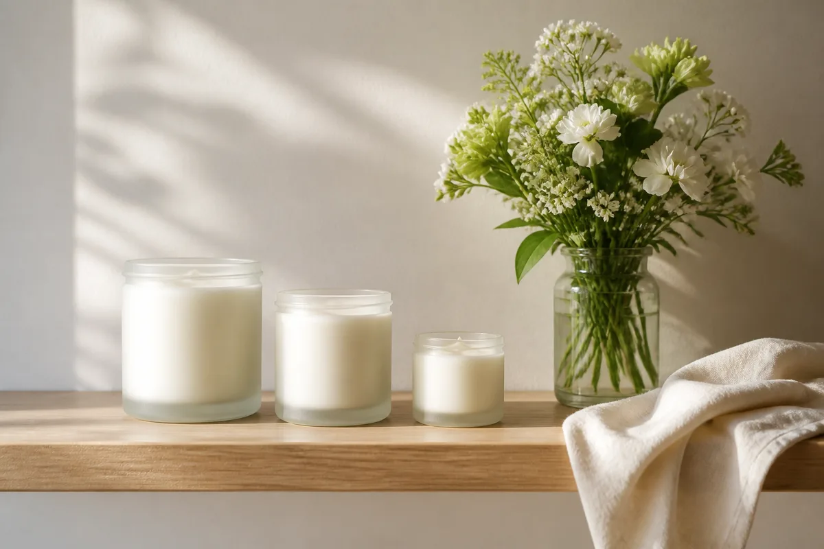 Pots de crème visage bio alignés avec des fleurs fraîches sur une étagère de bois clair