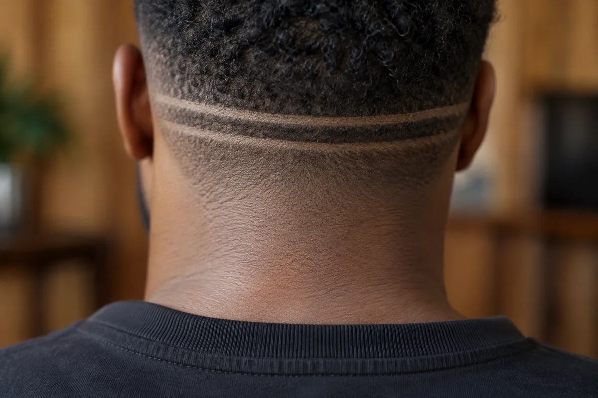 Nuque aux cheveux crépus traversée de deux lignes parallèles rasées dans un dégradé