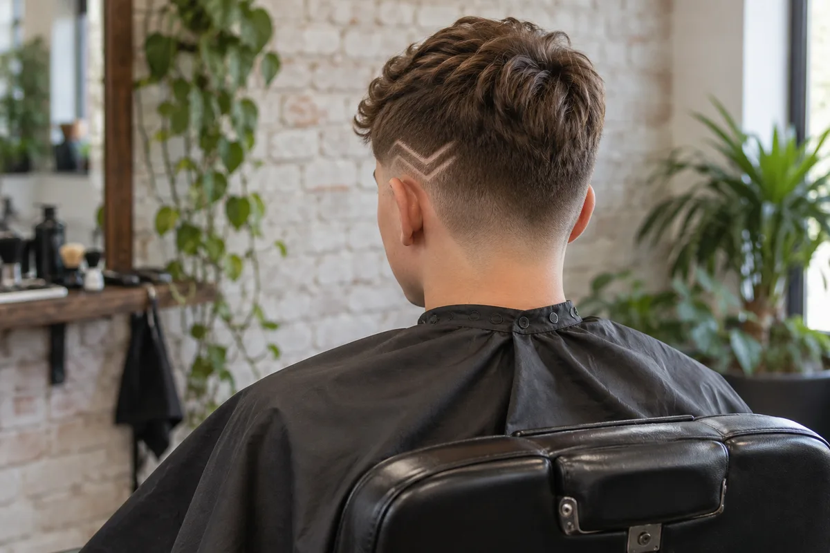Adolescent vu de dos au fauteuil, motif géométrique discret sur le côté de la tête