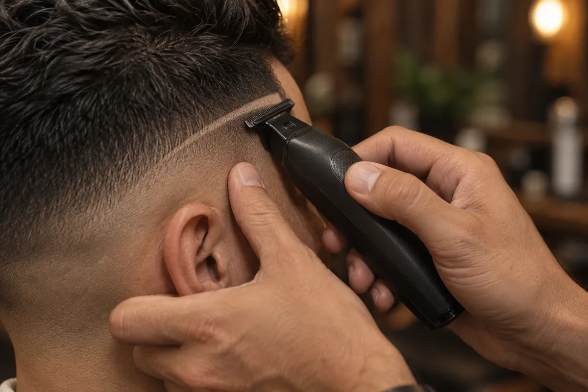 Mains d’un barbier qui affinent un trait rasé sur la tempe avec une tondeuse de finition