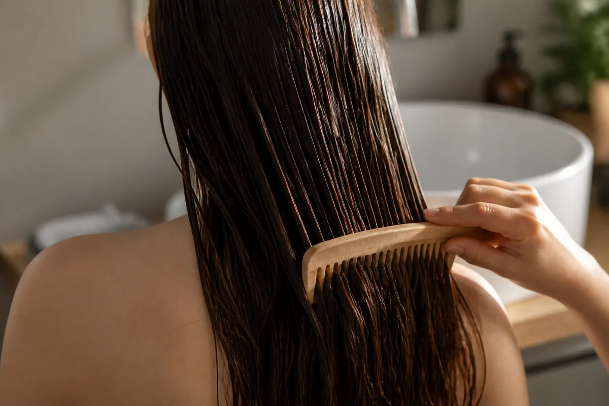 Chevelure brune brillante démêlée mèche par mèche au peigne à dents larges près d’un lavabo