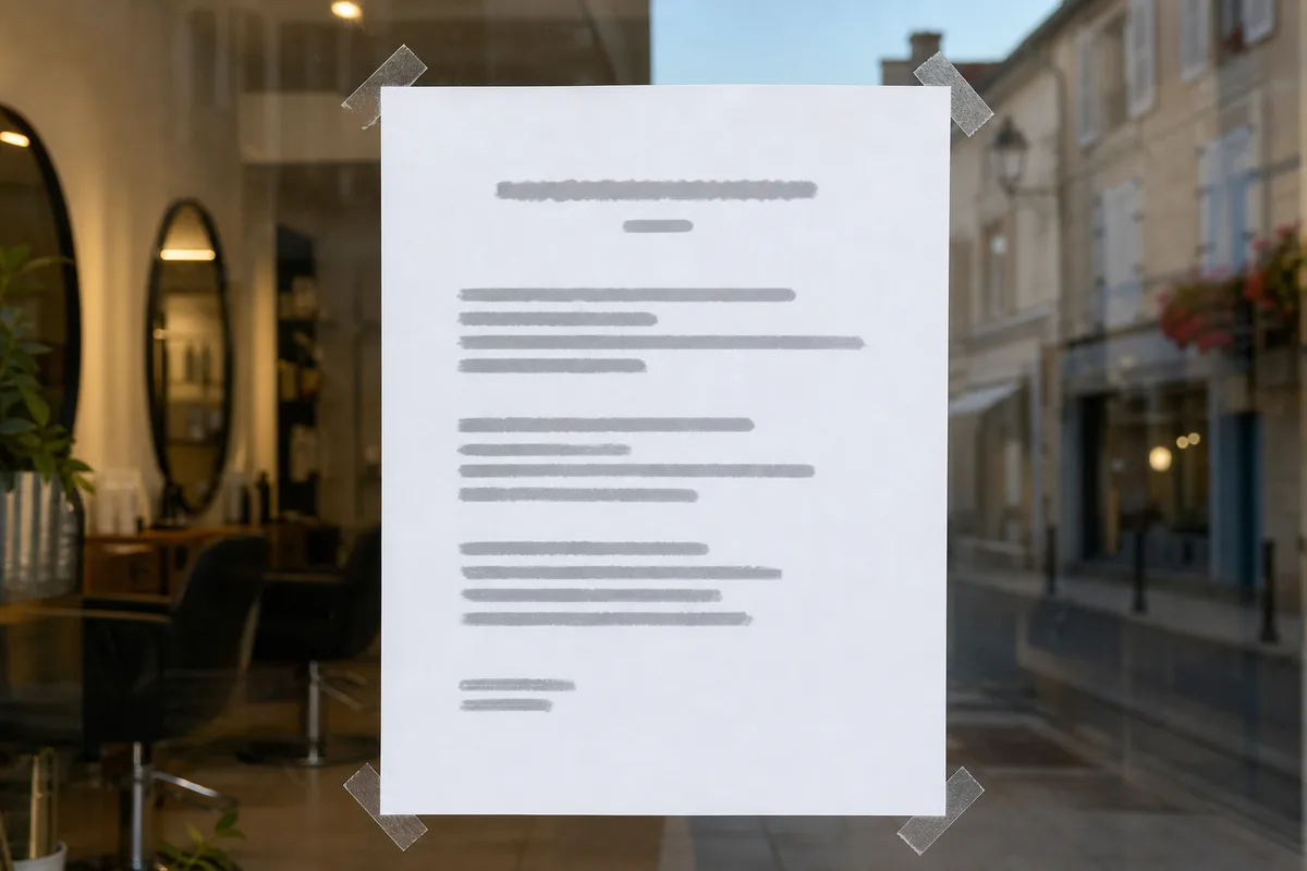 Panneau recrutement affiché dans la vitrine d’un salon de coiffure