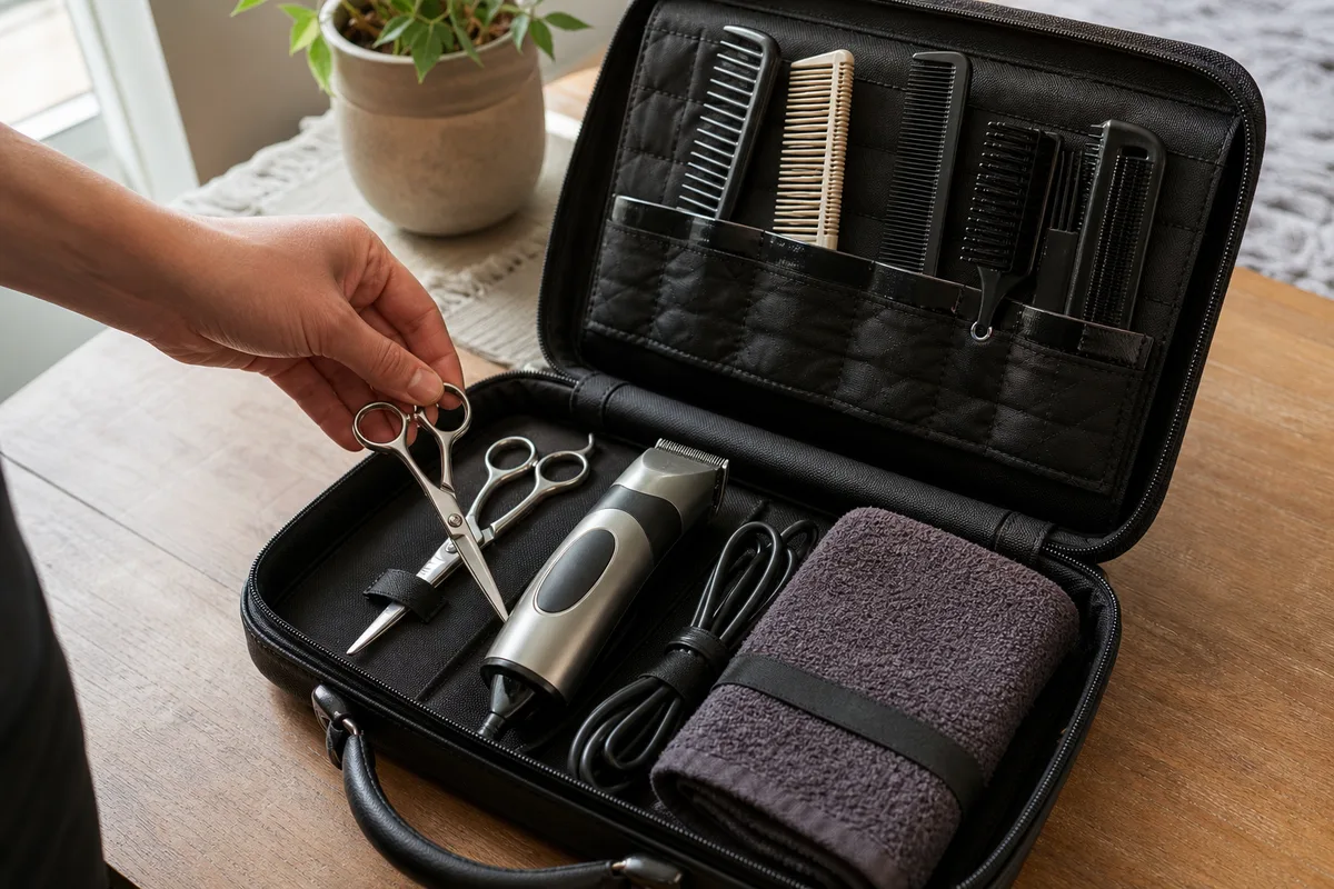 Coiffeur indépendant préparant sa trousse de matériel avant une prestation à domicile