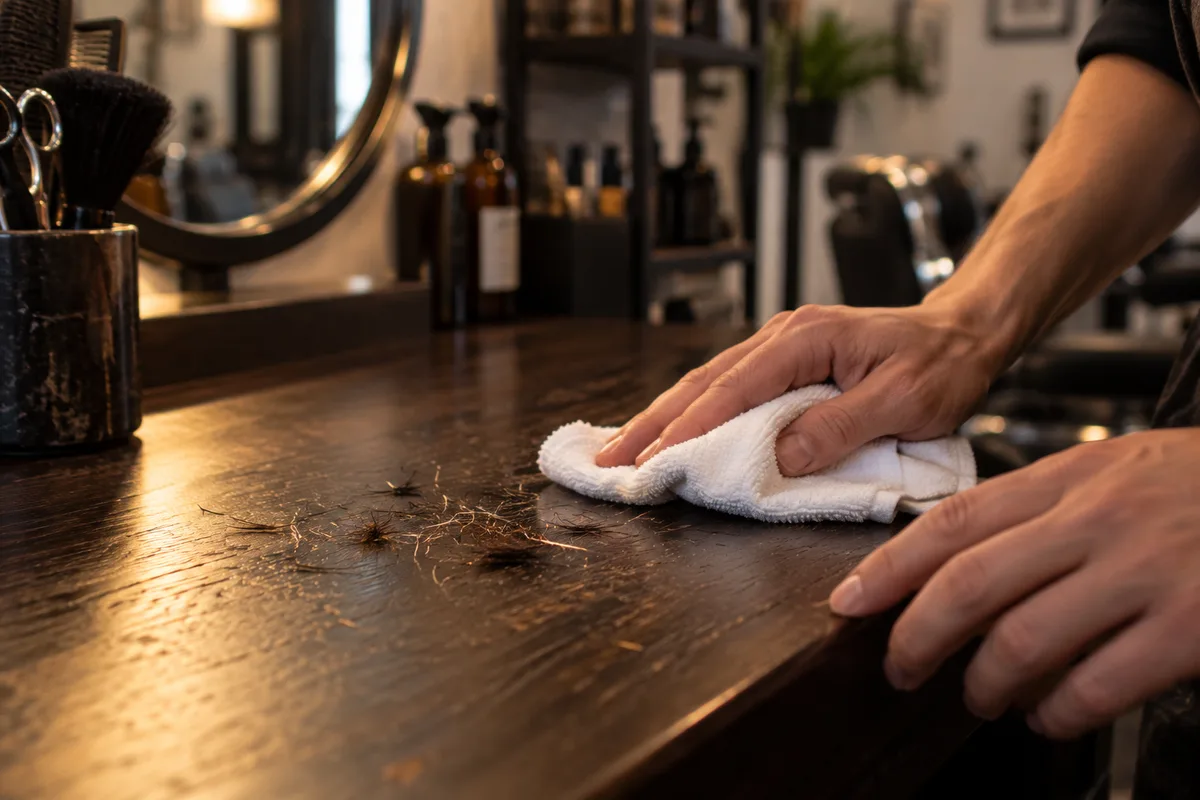 Mains essuyant un plan de travail sombre où restent quelques cheveux coupés