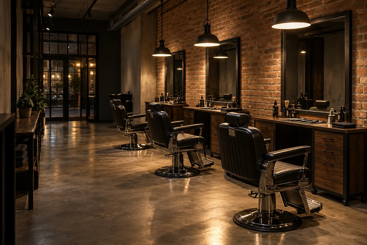Rangée de postes barbier en bois sombre et métal noir sous des lampes suspendues