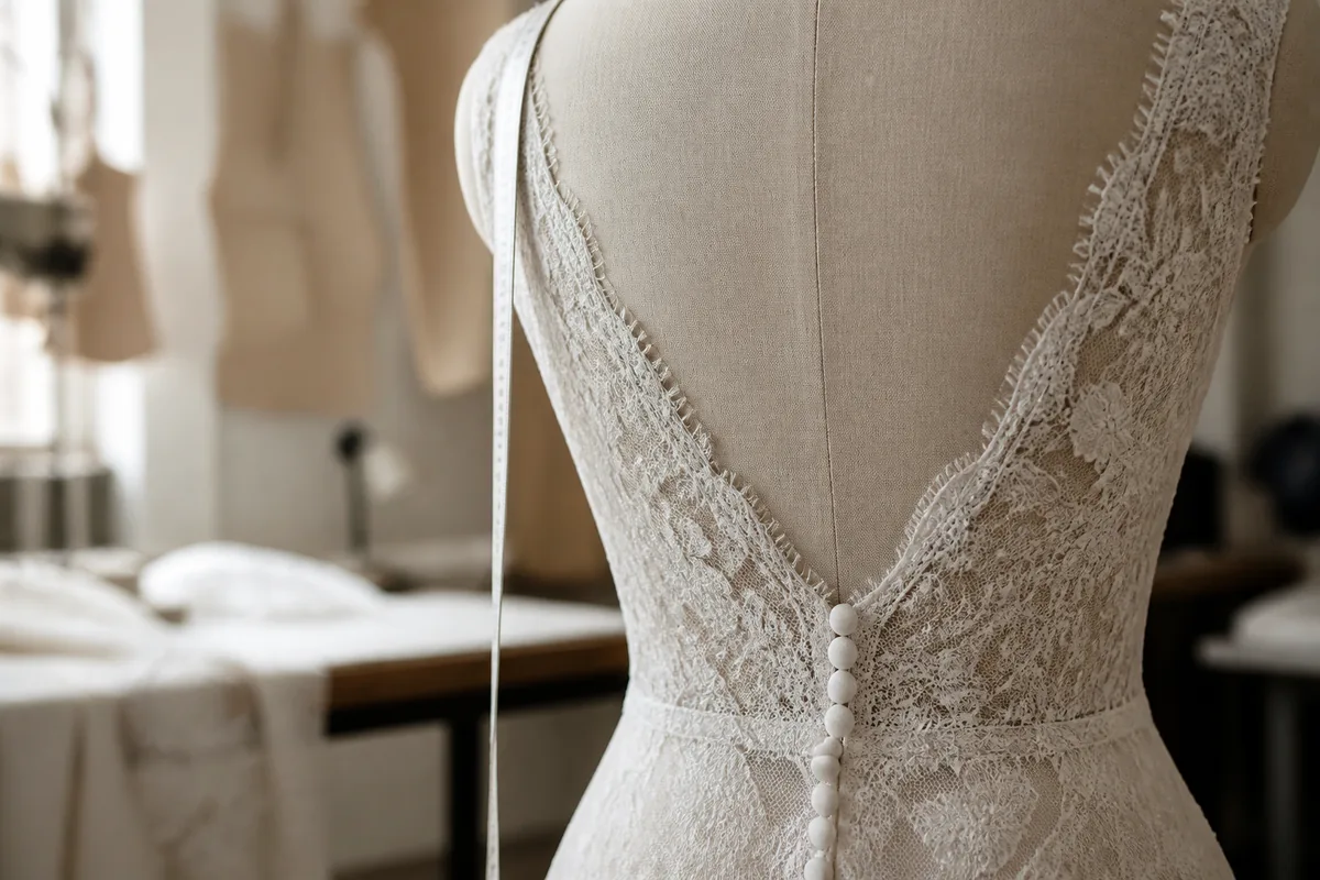 Détail d’un dos de robe de mariée en dentelle sur un mannequin de couture