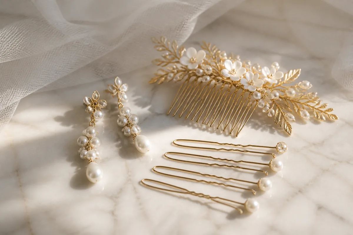 Boucles d’oreilles de mariée et peigne à cheveux posés près d’un voile plié