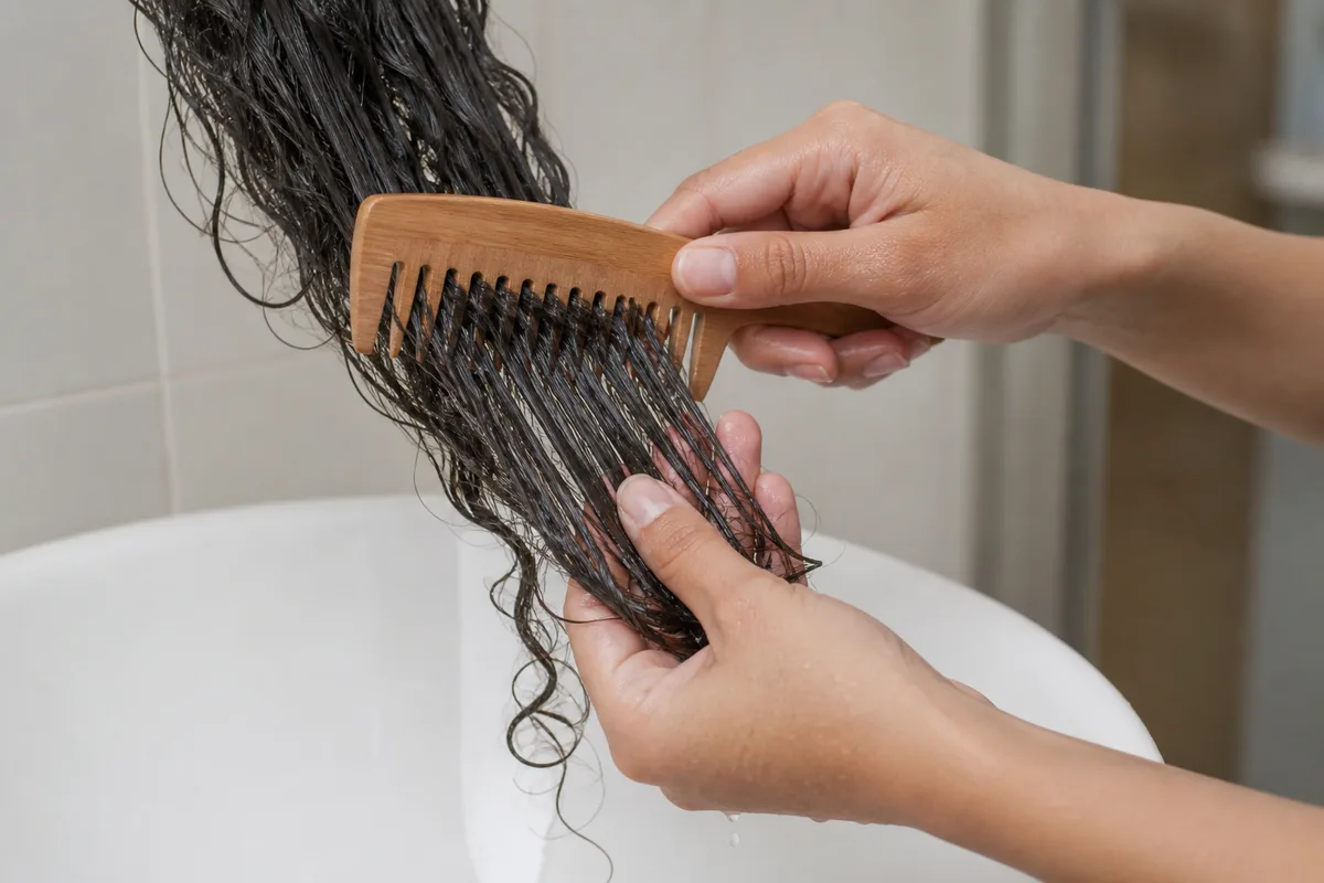 Mains démêlant une section de cheveux bouclés mouillés au peigne à dents larges au-dessus d’un lavabo