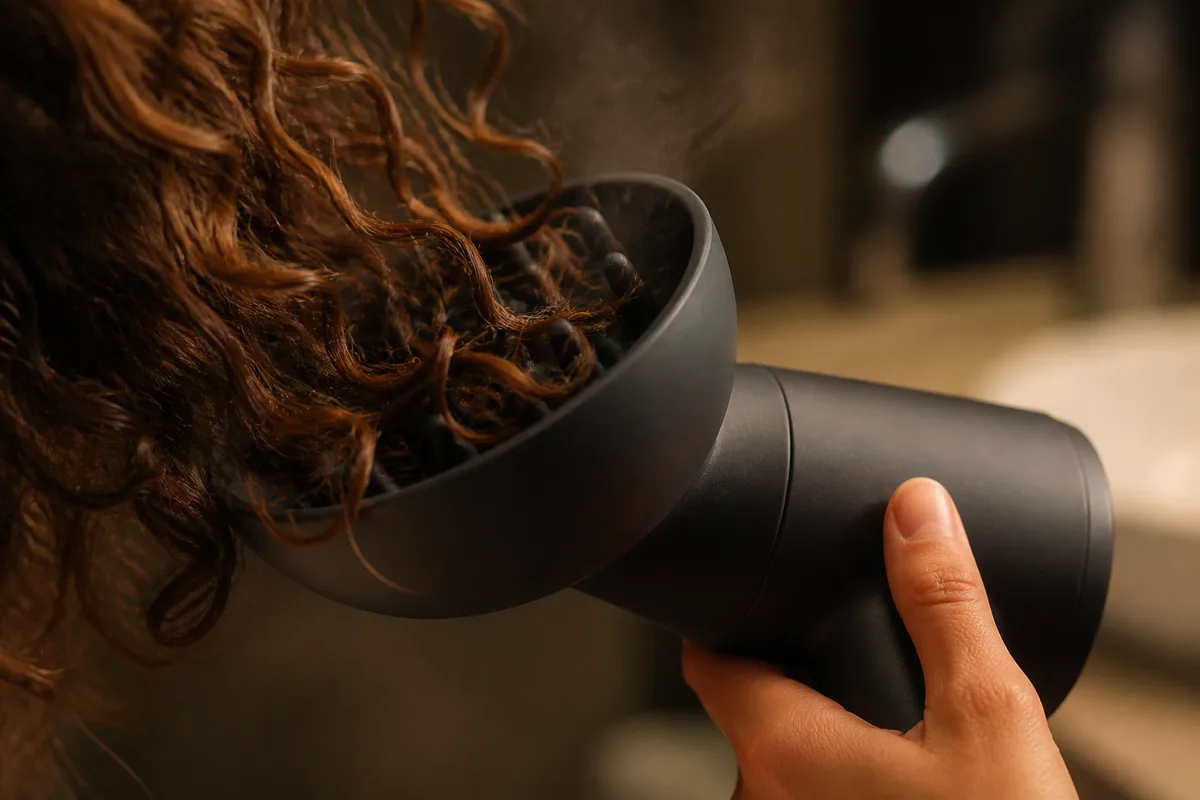 Diffuseur de sèche-cheveux positionné sous une mèche bouclée, lumière chaude de salle de bain