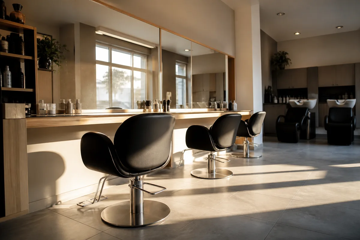Fauteuils de coiffure alignés devant une longue glace dans un salon lumineux au petit matin