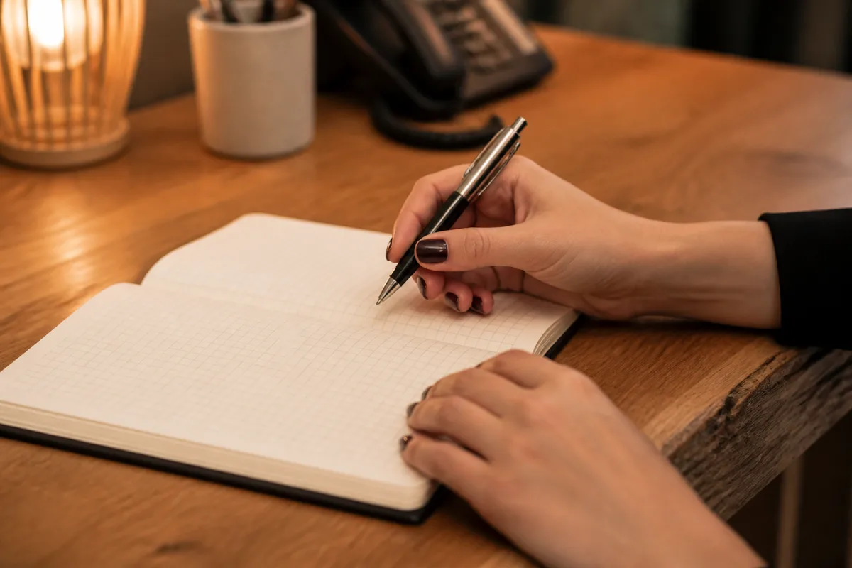 Mains d’une coiffeuse inscrivant un rendez-vous dans un agenda papier posé sur un comptoir en bois