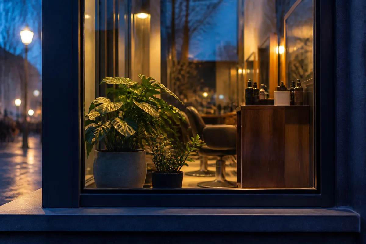Vitrine de salon de coiffure éclairée en fin de journée, reflets de la rue sur le verre