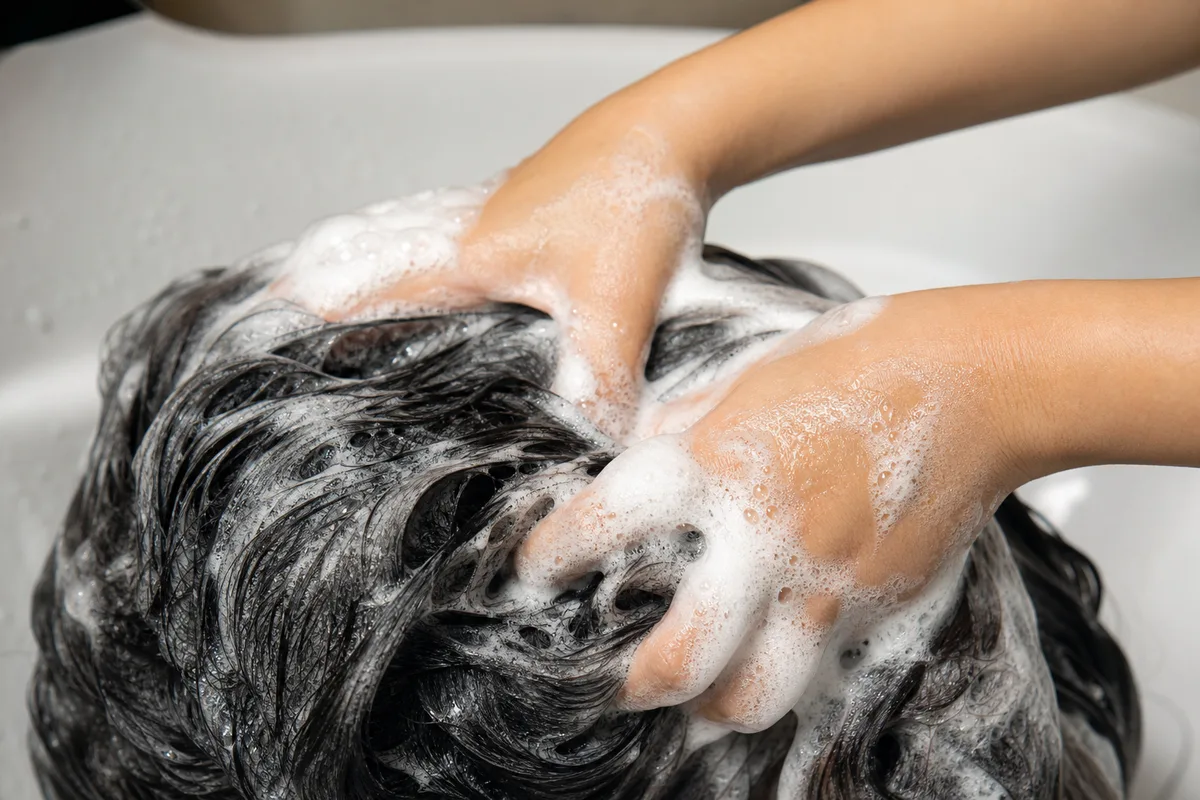 Mains massant une mousse de shampoing sur une chevelure au bac de salon