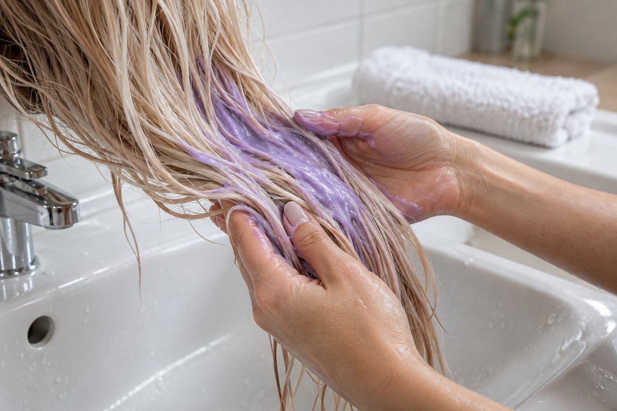 Application d’un soin pigmenté violet sur des cheveux éclaircis par balayage