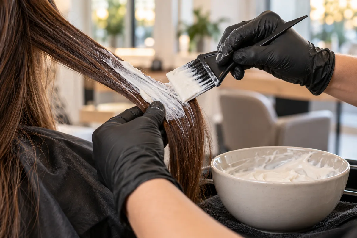 Mains gantées appliquant un soin crémeux au pinceau sur une mèche de cheveux