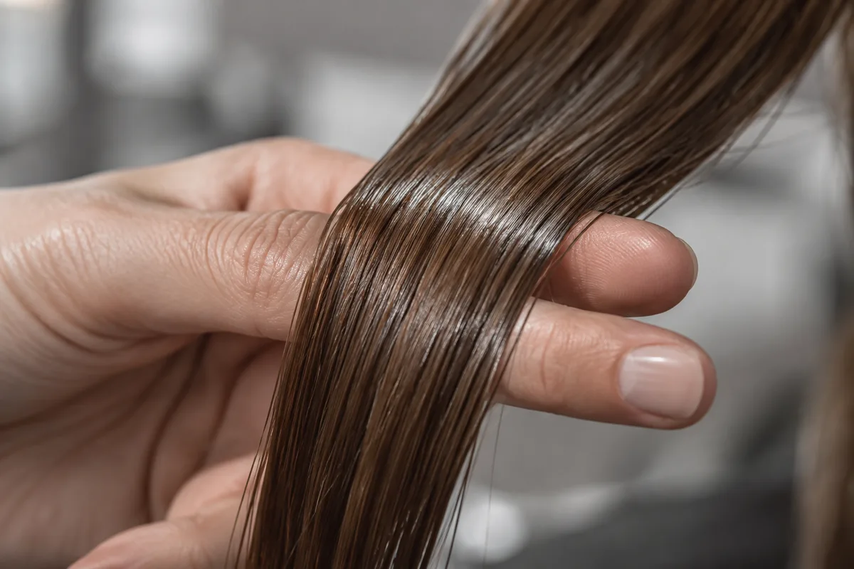 Mèche de cheveux tenue entre les doigts d’une coiffeuse, vue de très près