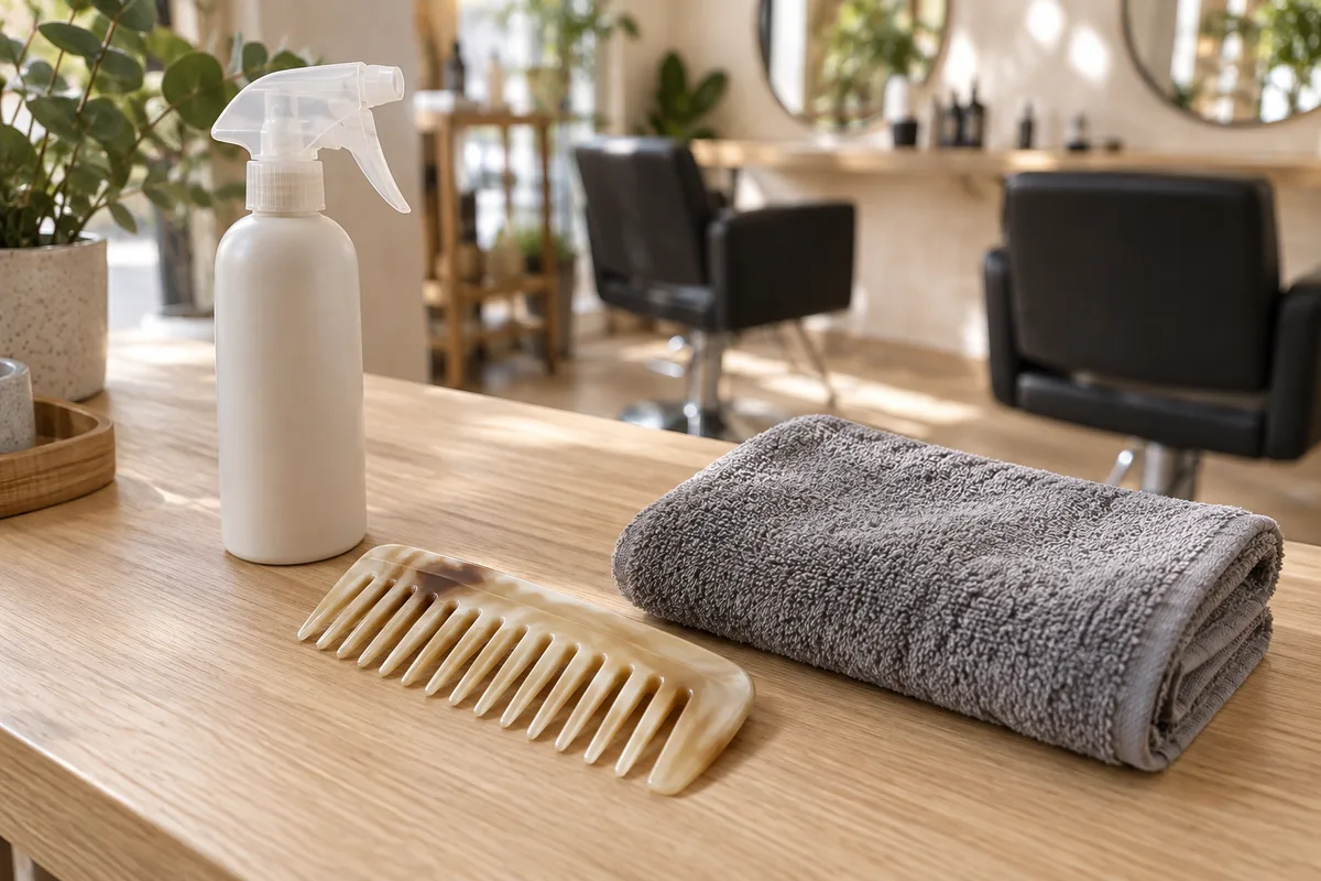 Peigne à larges dents et serviette pliée posés sur un plan de travail en bois